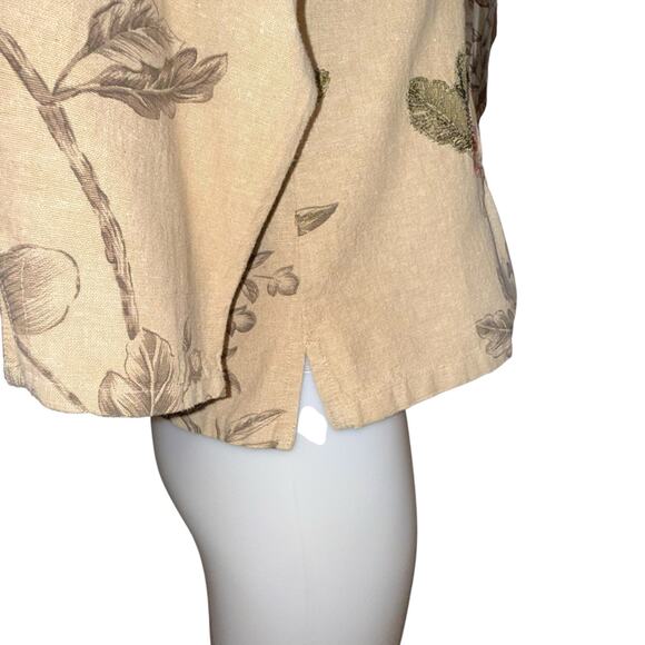 Vintage Linen Blend Button Front 3/4 Sleeve Floral Print Top Blouse Beaded SM - Picture 4 of 10